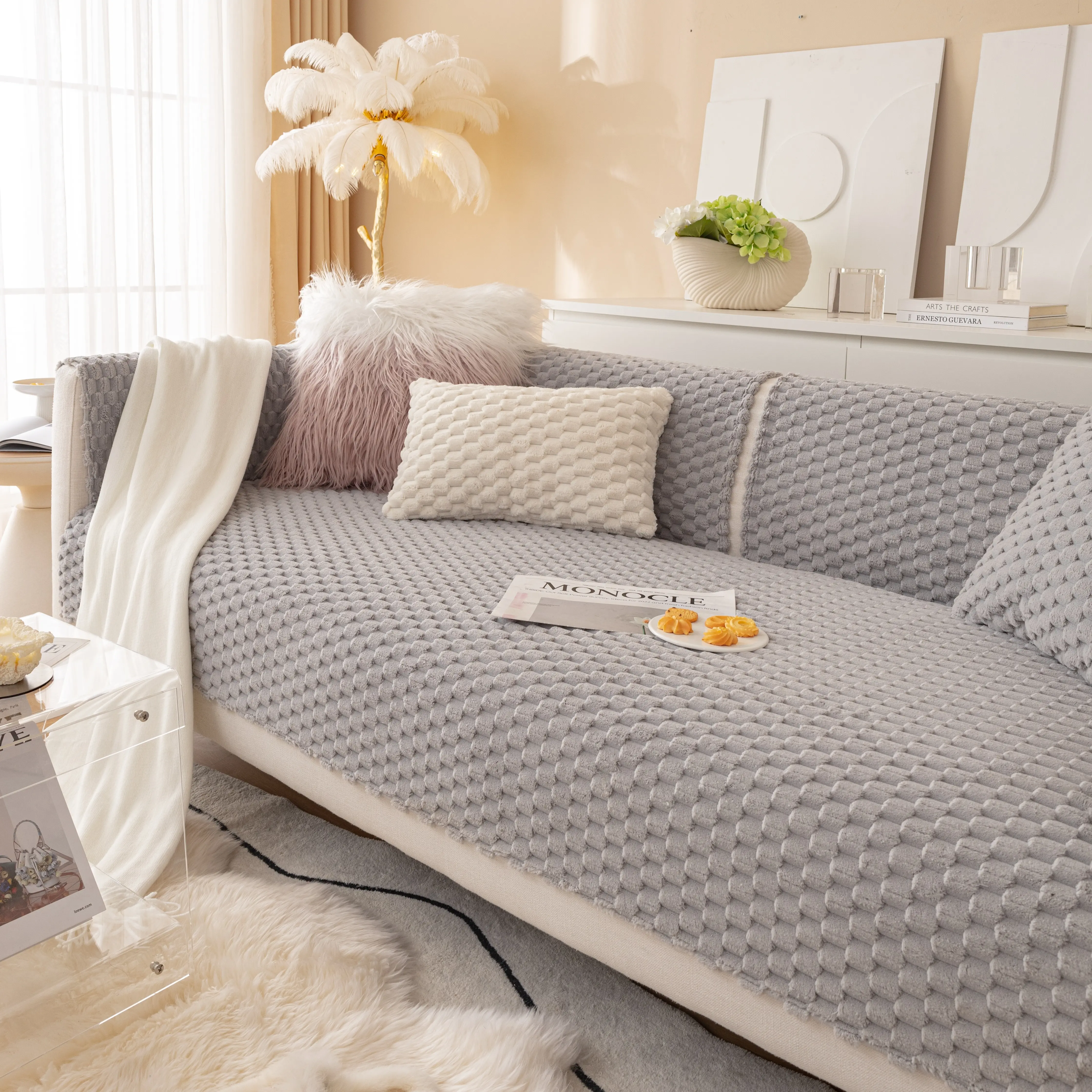 【SlumberHome】Honeycomb Sofa Couch Covers, 1-Count Soft Padded Cushion Cover Without Filler, Non-Slip Slipcover or Pillowcase, Home Living Room Protector, Includes Hand Tools and Seat Foam