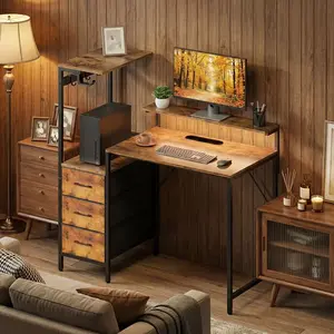 HLFURNITURE Gaming Desk with LED Ambient Lighting, Home Office Computer Desk, Compact Study Desk with Storage Drawers and Shelves leather