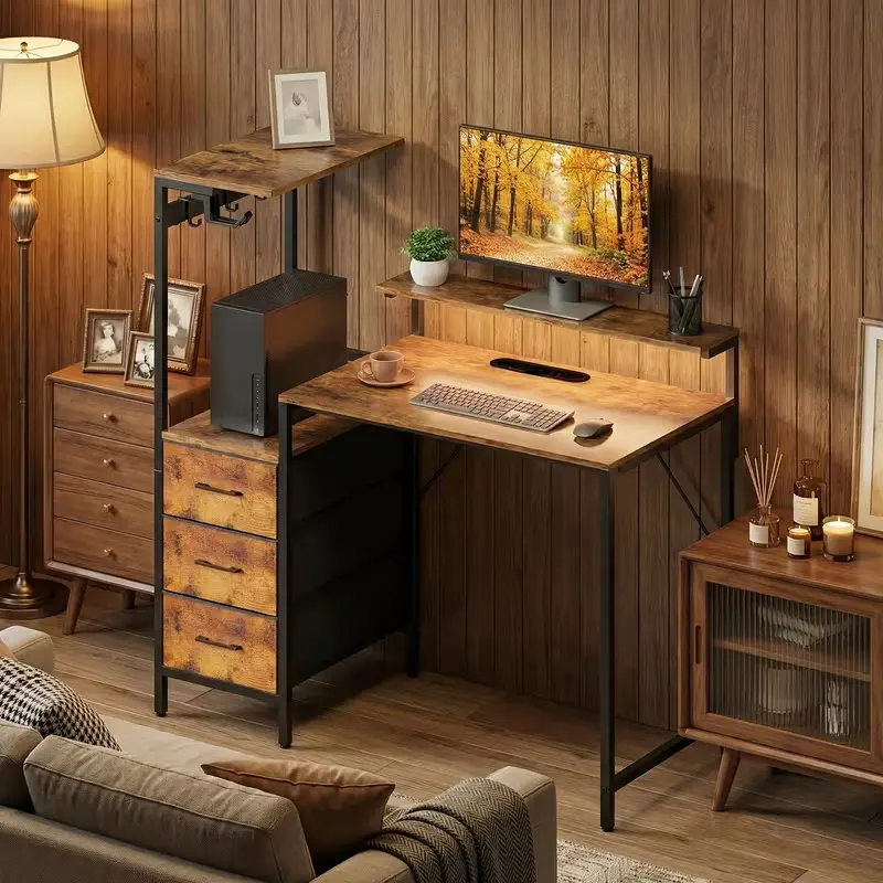HLFURNITURE Gaming Desk with LED Ambient Lighting, Home Office Computer Desk, Compact Study Desk with Storage Drawers and Shelves leather Bamboo summerwins