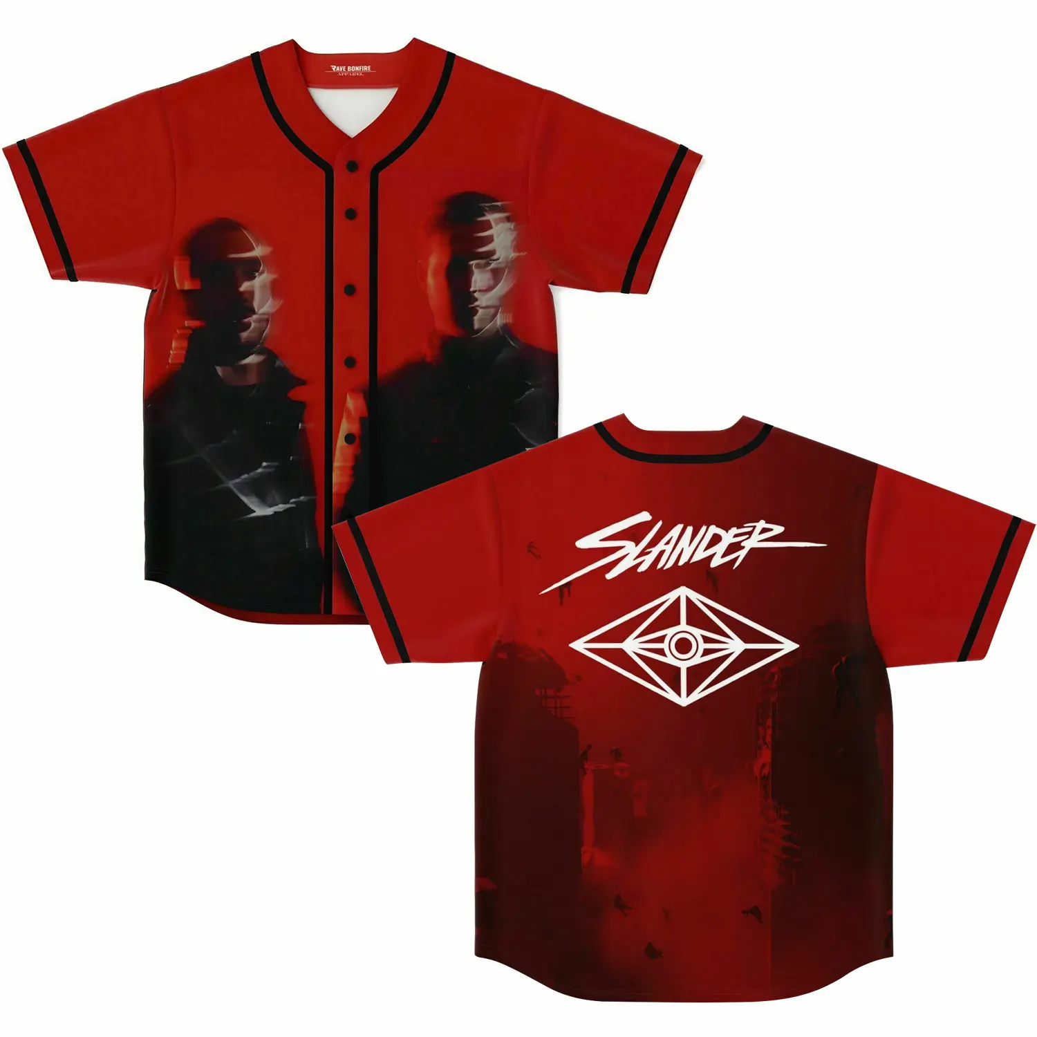 SLANDER Bright Red Two Shadowy Baseball Jersey, Red Duo Portrait Glitch Shirt, Eye Diamond Logo Heaven Trap Merch, Melodic Basshead Headbanger Top, EDC Ultra Festival Outfit, Slander Fam Derek Scott EDM Music Lover Unisex Rave Apparel