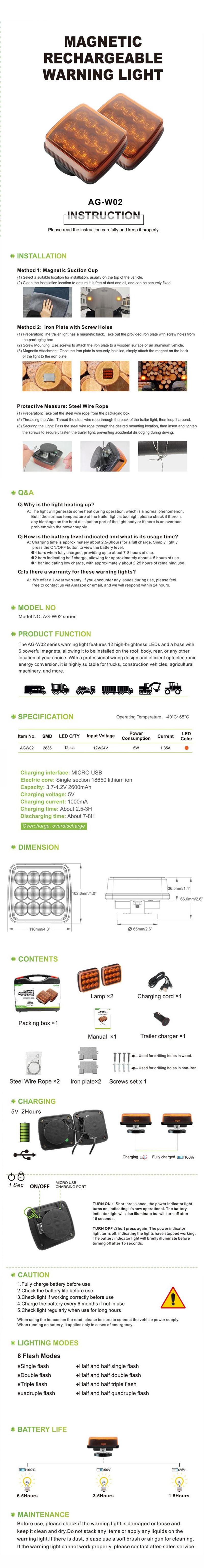 Agrieyes W02 2pcs Rechargeable Flashing Lights for Vehicles with IP67 Waterproof Rating, High Brightness, and Easy Installation