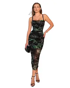 Sweetie Mesh Column Dress - Black Lily, Sleeveless Spaghetti Strap, Built-in Shapewear, Molded Wired Cups, Removable Bra Pads, Shirred Mesh, Versatile Strapless Wear