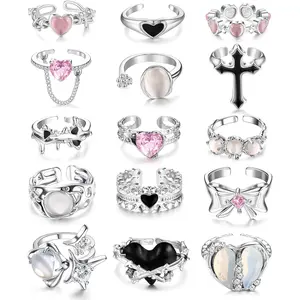 FLORIDECO 15Pcs Y2K Rings for Women, Irregular Adjustable Open Rings, Vintage Punk Rock Gothic Style, Moonstone Star Spike Heart Cross Lace Bow Knot Ring Set