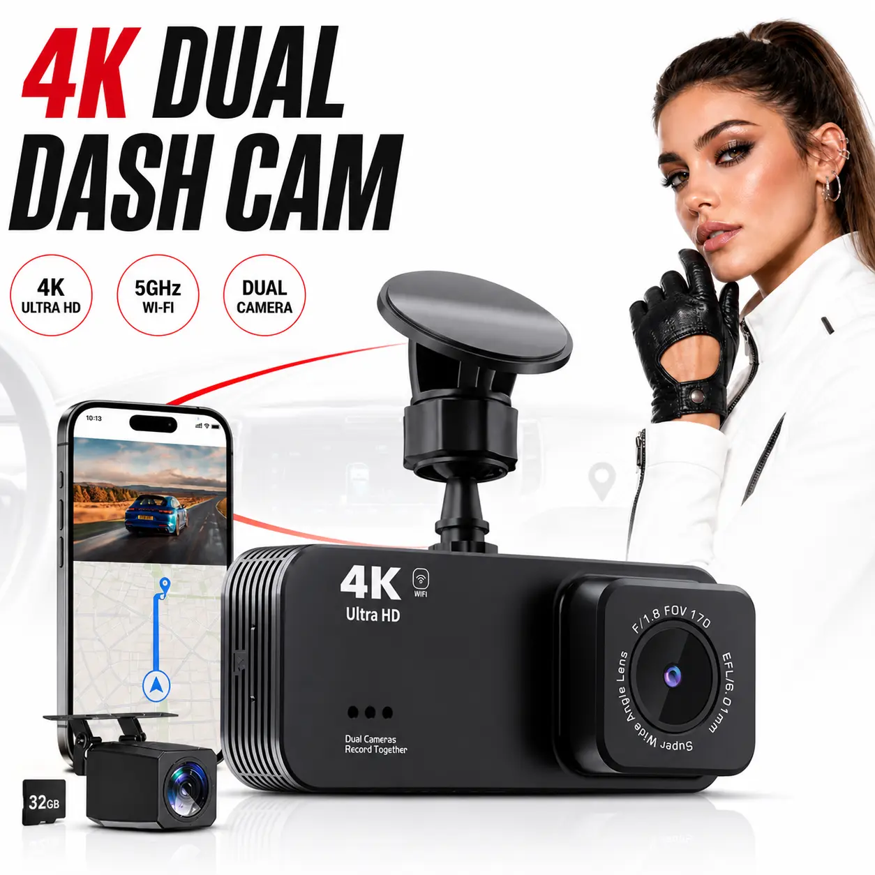 4K Dual Dash Cam Front and Rear with 5G WiFi, High-Capacity Built-in Storage, Night Vision, G-Sensor, 24H Parking Mode for Cars