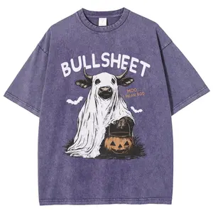 Bullsheet Unisex Loose Fit Vintage Washed T-Shirt with Highland Cow and Pumpkin Graphic Print for Women's Casual Summer Outfit