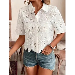Women's Elegant Short-Sleeve Lace Blouse - Semi-Sheer Button-Up Shirt with Eyelet Embroidery, Loose-Fitting Solid Casual Polyester-Spandex Blend Fabric Top, Ideal for Spring Summer, White Option Available