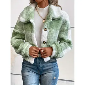 Plaid Pattern Button Front Teddy Coat, Versatile Long Sleeve Winter Warm Jacket, Women's Clothing