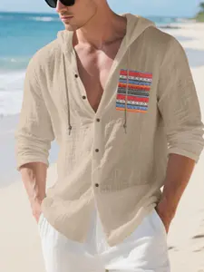 Men's summer linen hooded shirt! Striped patch bag design, breathable and sweat proof, loose size, versatile for beach vacation and commuting in multiple scenarios