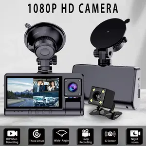 3 Channel 1080P Dash Cam with Rear Camera & Interior IR Night Vision, 3 Screen, Parking Mode, Loop Recording, G-Sensor, Non-Button Cell Battery, Car Camera