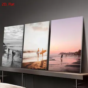 2D plane painting, 3-piece beach-themed canvas wall art for home decoration, capturing stunning black-and-white and color scenes of surfers at sunrise and sunset, perfect for adding a seaside atmosphere to any room