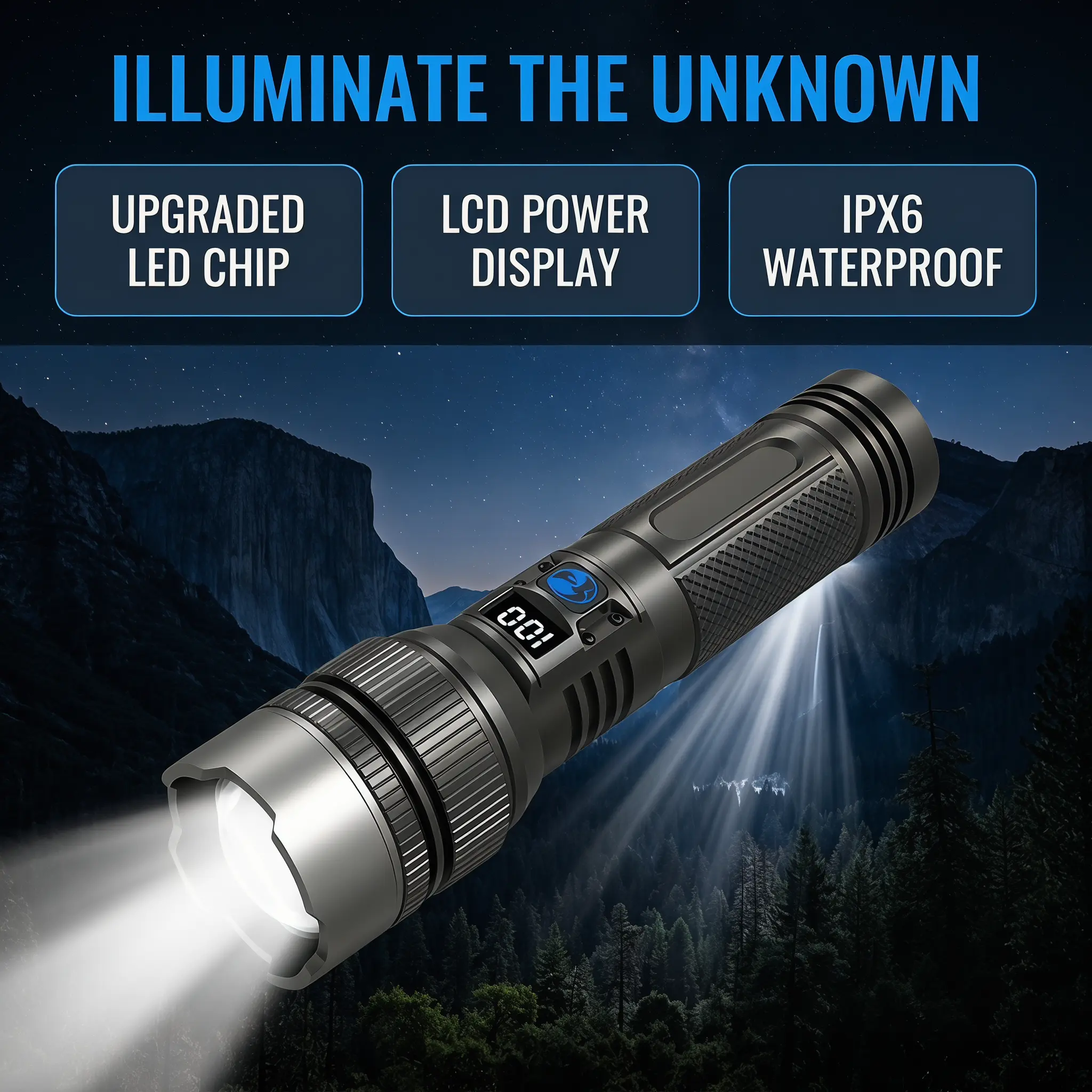 Rechargeable LED Flashlight - 2200LM, Digital Power Display, Zoomable, IPX6 Waterproof Tactical Light with Power Bank, Fits in Gloves Boxes, Ideal for Camping, Blackout, Bug-Out Bags, Father's Day Gift