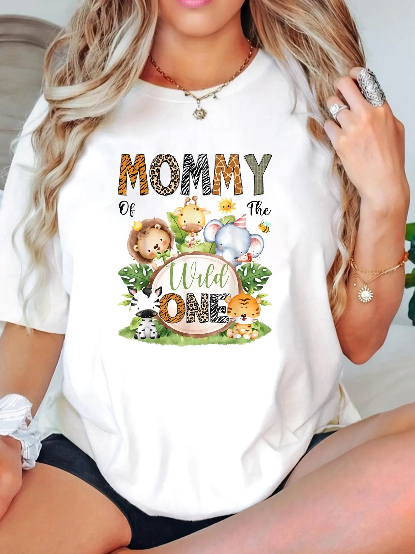 100% Cotton Unisex Mommy Of The Wild One Safari Jungle 1St Birthday Kids T-Shirt -Autumn Women's T-shirt Christmas Happy Letter Snowflake Fun Pattern
