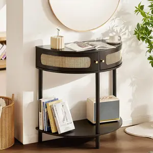 【Summervibes】VEVOR Half-moon Rattan Console Table with 2 Drawers, Rattan Entryway Table with Natural Rattan Sliding Door, Console Table with Storage for Living Room, Study, Entryway Or TV Wall, Black