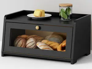 Black Bread Box for Kitchen Countertop,  Wooden Counter Breadbox, Homemade Bread Storage Container for Sourdough Loaf, Small Farmhouse Corner Kitchen Countertop Organizer for Cabinet