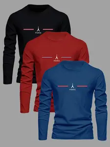 Men's Solid Color Eiffel Tower & Letter Print Round Neck Tee, Regular Fit Casual Comfy Long Sleeve Crew Neck T-shirt for Daily Wear, Men's All-Match Top for Spring & Fall