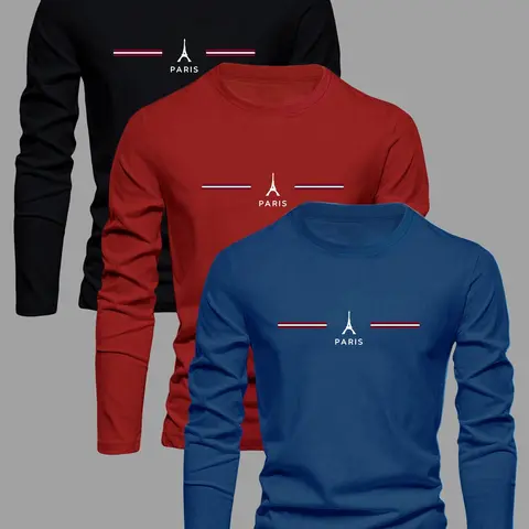 Men's Solid Color Eiffel Tower Paris & Letter Print Round Neck Tee, Regular Fit Casual Comfy Long Sleeve Crew Neck T-shirt for Daily Wear, Men's All-Match Top for Spring & Fall