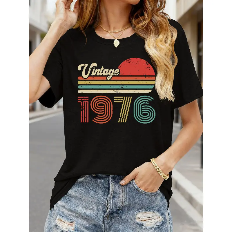Vintage 1976 50th Birthday Print T-shirt, Short Sleeve Crew Neck Casual Top for Summer & Spring, Women's Clothing