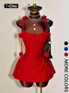 1 Spring Summer Red 3D Rose Mini Dress Women | Lady Double Spaghetti Strap Bodycon Short Dress | Y2K Coquette Baddie Style for Date Night Valentine's Day Party Wear Womenswear