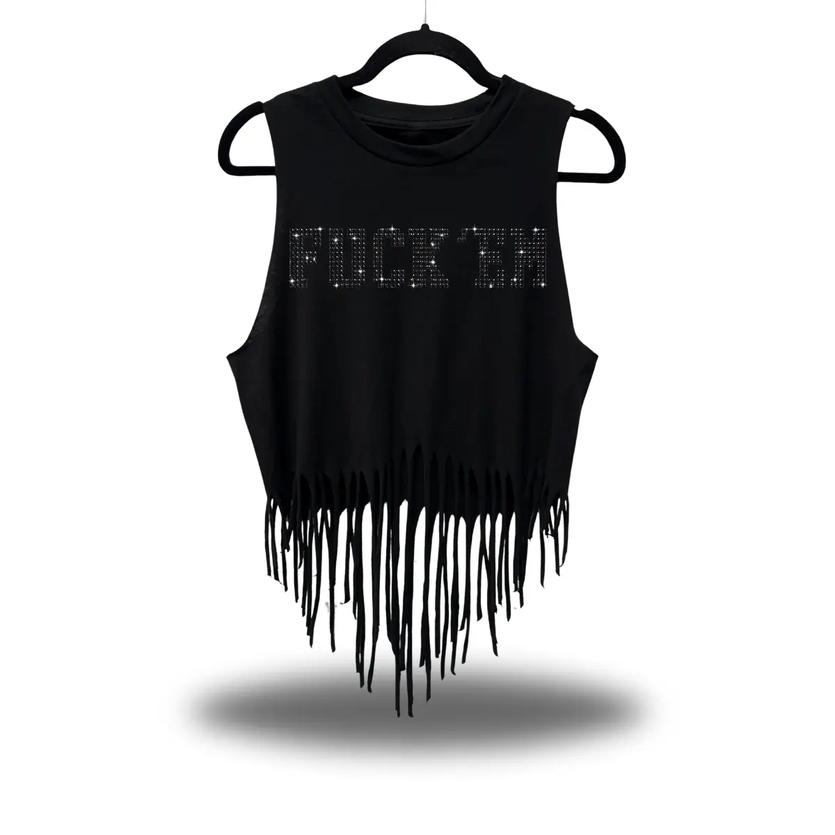 Women's Lady Sleeveless Casual Black Rhinestone Western Fringe Crop Tank Top, 1-Piece Shirts
