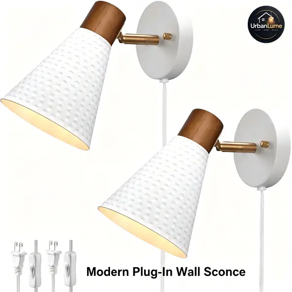 Modern Plug-In Wall Sconce - Wooden Wall Lamp with Hammered Metal Shade, Corded Indoor Lighting Fixture for Bedroom, Living Room night light