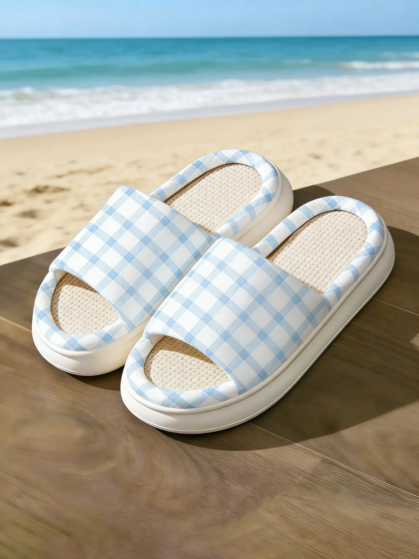 Navy Light Blue Plaid Design Slippers Home Slippers Slides, Waffle Linen Breathable, Beach Fresh Daily Thick Sole Sandals, Comfortable Indoor Footwear, Thick Bottom Slippers