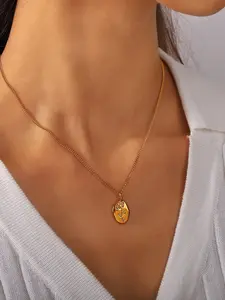 18K Gold Plated Embossed Rose Pendant Necklace, Stainless Steel Irregular Oval Coin Cable Chain Necklace for Women