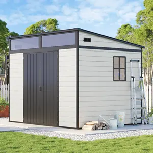 [Ships in 3 Boxes] AMERLIFE Outdoor Resin Storage Shed with Floor & Doors, Sloped Roof Garden Shed with Skylight Panels, Window & Vents, Waterproof UV-Resistant Tool Sheds for Garden, Lawn, Backyard