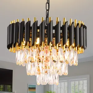 Modern Black & Gold Crystal Chandelier, Dimmable 3-Tier Raindrop Effect 15.7-Inch E12 Crystal Chandelier for Living Room/Dining Room/Bedroom