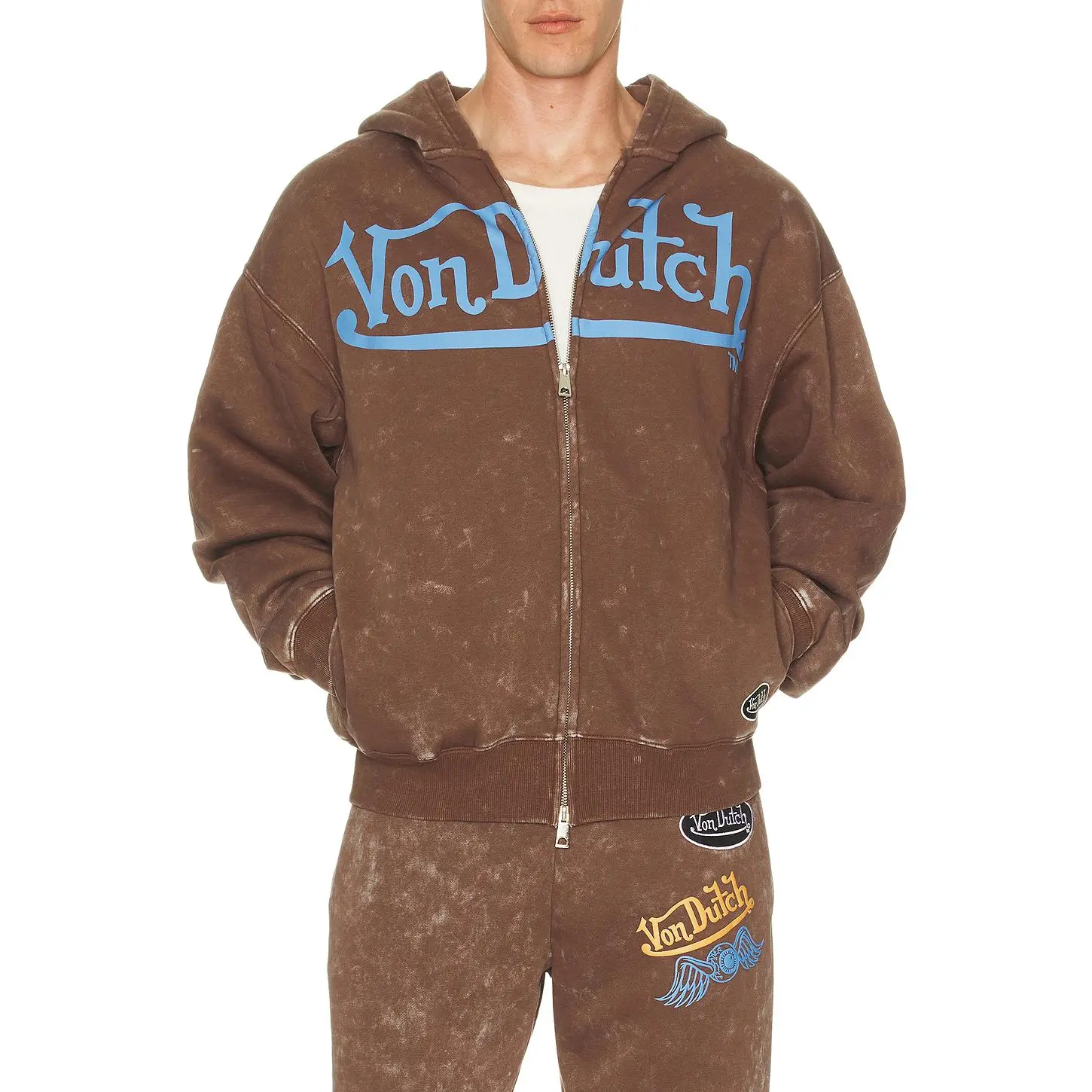 Von Dutch Oversized Washed Zip Hoodie in Sepia Stone Mineral Wash