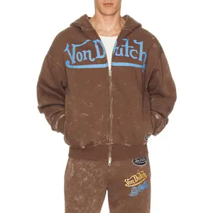 Von Dutch Oversized Washed Zip Hoodie in Sepia Stone Mineral Wash