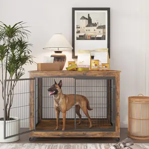 IchbinGo Wooden Dog Crate Table Furniture, Dog Kennel with 3 Doors, Flip-up Top Opening and Wheels, Decorative Pet Crate Dog House for Large/Medium/Small Dog Indoor Use