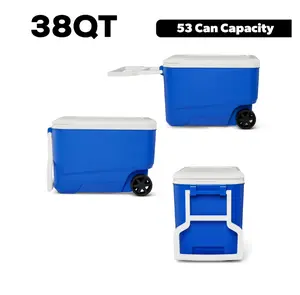 38QT Wheelie Cool Hard Sided Cooler with Wheels Blue 53 Can Capacity Portable Ice Chest for Outdoor Events
