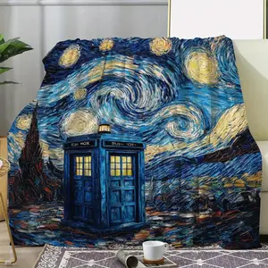 Starry Night TARDIS Fleece Blanket - Cozy, Soft Polyester Throw with Doctor Who Inspired Design, Ideal for Sofa, Bed, Car,Office