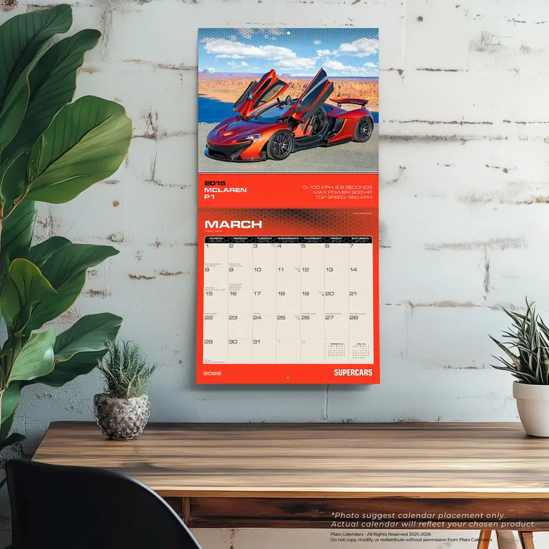 Supercars | 2026 12 x 24 Inch (Hanging) Monthly Square Wall Calendar | Foil Stamped Cover | Plato | Automobiles Luxury Prestige Hypercars 4