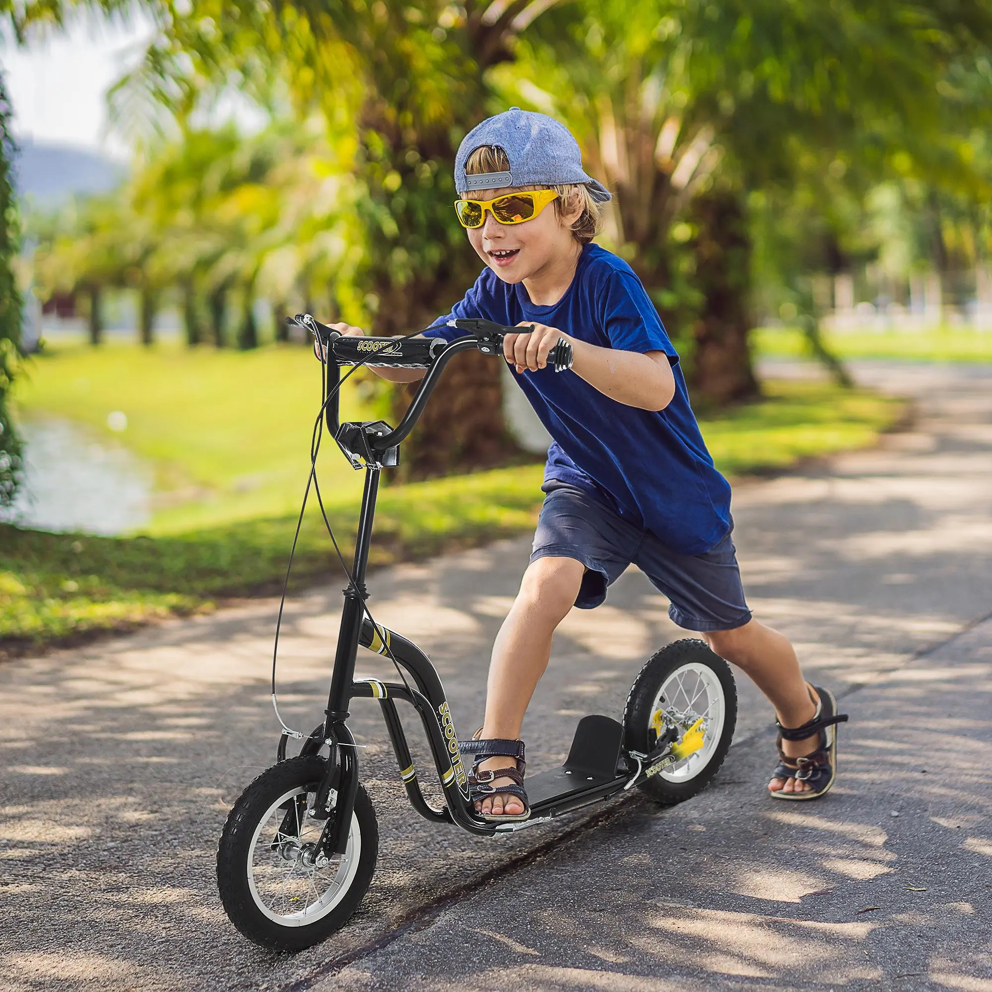 Aosom Kick Scooter with Dual Caliper Brakes, Big Wheels Kick Scooter for Ages 5+, 12-Inch Inflatable Front Wheel, Max Load 220lbs, Black