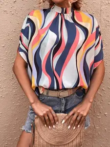 Women's Zigzag Mock Neck Tie-back Crop Top