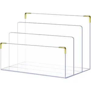 Acrylic File Holder| Clear File Organizer for Desk w/ Gold Accents| Acrylic Desk Organizer, Folder Holder, Mail Sorter, File Stand, Magazine Divider, Laptop, Notebook, & Letter Organizer