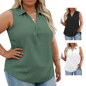 Women’s Plus Size Tank Tops Summer Lapel V-Neck Eyelet Tunic Tops Cute Sleeveless Blouse Casual Comfy Lightweight Loose Fit Polo Collar Shirts XL-5XL RPS2097 vacation
