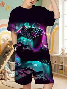 Summer Fashion Casual Top T-Shirt Set, Round Neck Short Sleeve Shirt + Shorts Set, Geometric Pattern, Fitted Style