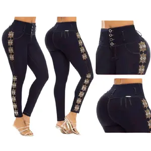 Medium Blue Colombian Butt Lifting Jeans with Rhinestones and Destroyed Waistband for Women - Bottom, Womenswear