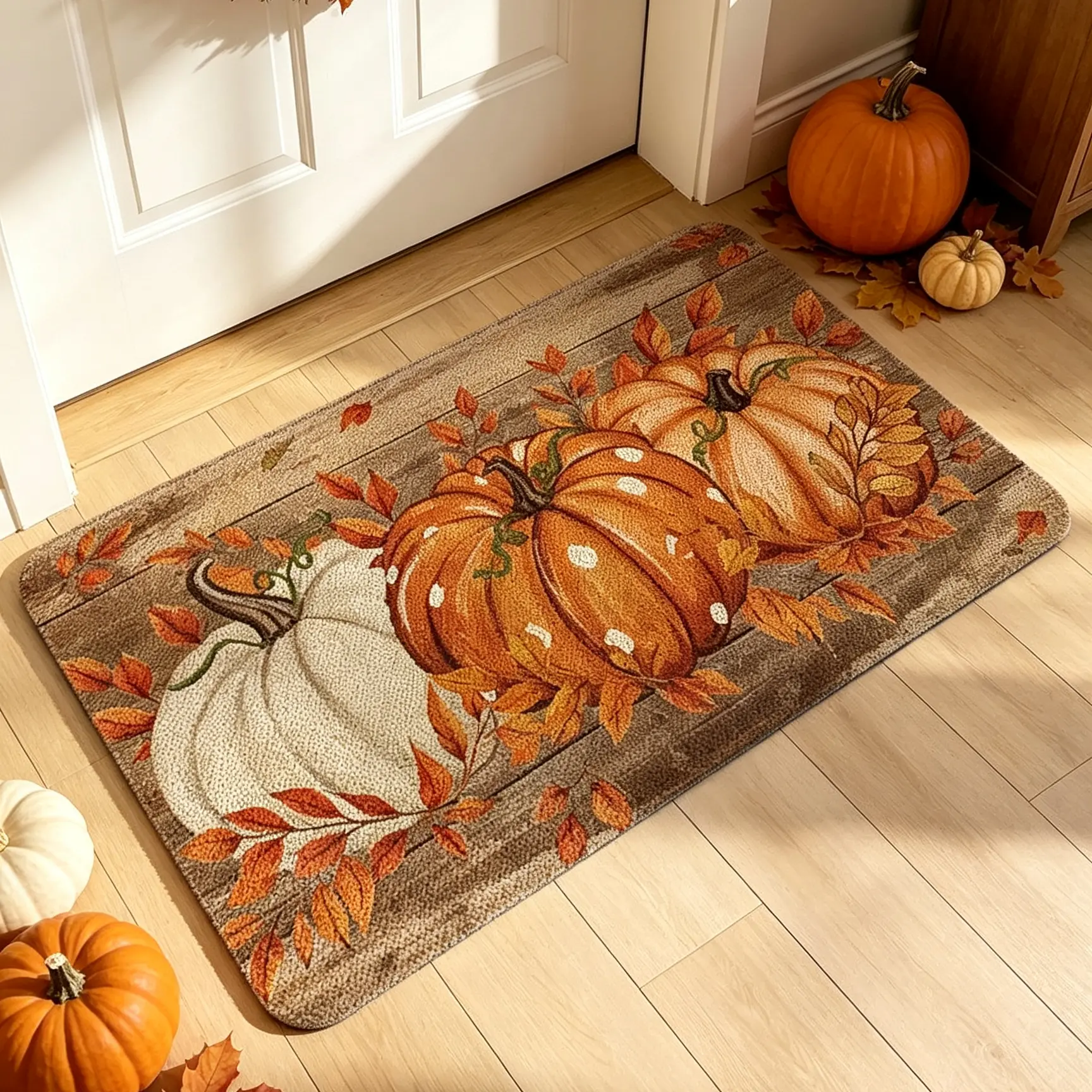 Fall Pumpkin Maple Leaf Flannel Non-Slip Floor Mat - Vintage Wooden Board Design, Autumn Harvest Home Decor, Thanksgiving Gift, Available in 16"×24", 20"×32", 24"×36" Sizes for Entryway, Bathroom, Kitchen