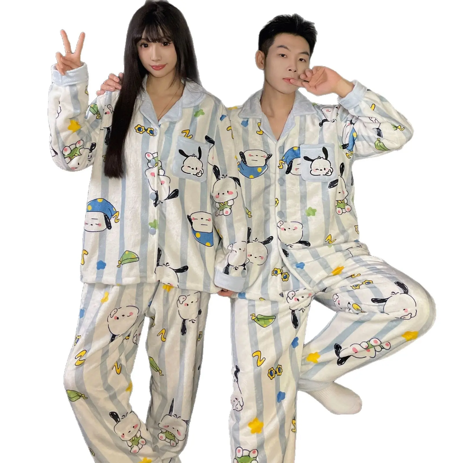 Couples' 2-Piece Matching Pajama Set - Kawaii Pachamaruko Dog Print, Warm Coral Fleece Flannel Long Sleeve Top & Trouser Winter Sleepwear, Cute, Casual, Comfortable, Matching Sets, Thick Coral Fleece, Character-Themed, Women, Lady, Essential, Clothes, Thi