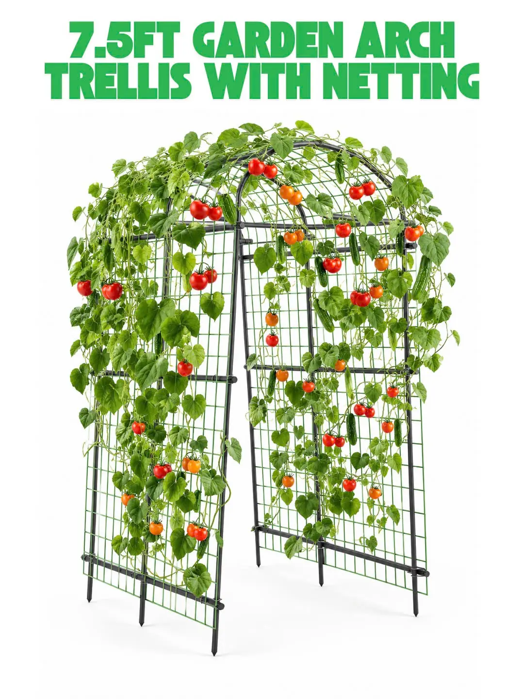 7.5FT Garden Arch Trellis with Netting, Adjustable Metal Plant Support Arbor for Climbing Plants, Flowers, Backyard Decor or Event Decoration