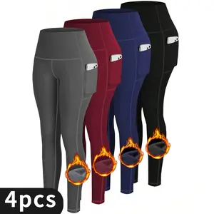 4-pack Women's Thermal Lined Yoga Leggings With Pockets, Outer Wear For Yoga & Sports, Autumn/Winter, Flattering Front Design,Winter Warm High Waisted Sports Leggings Women's Sportswear Athletic Running Pants High Stretch Bottoms