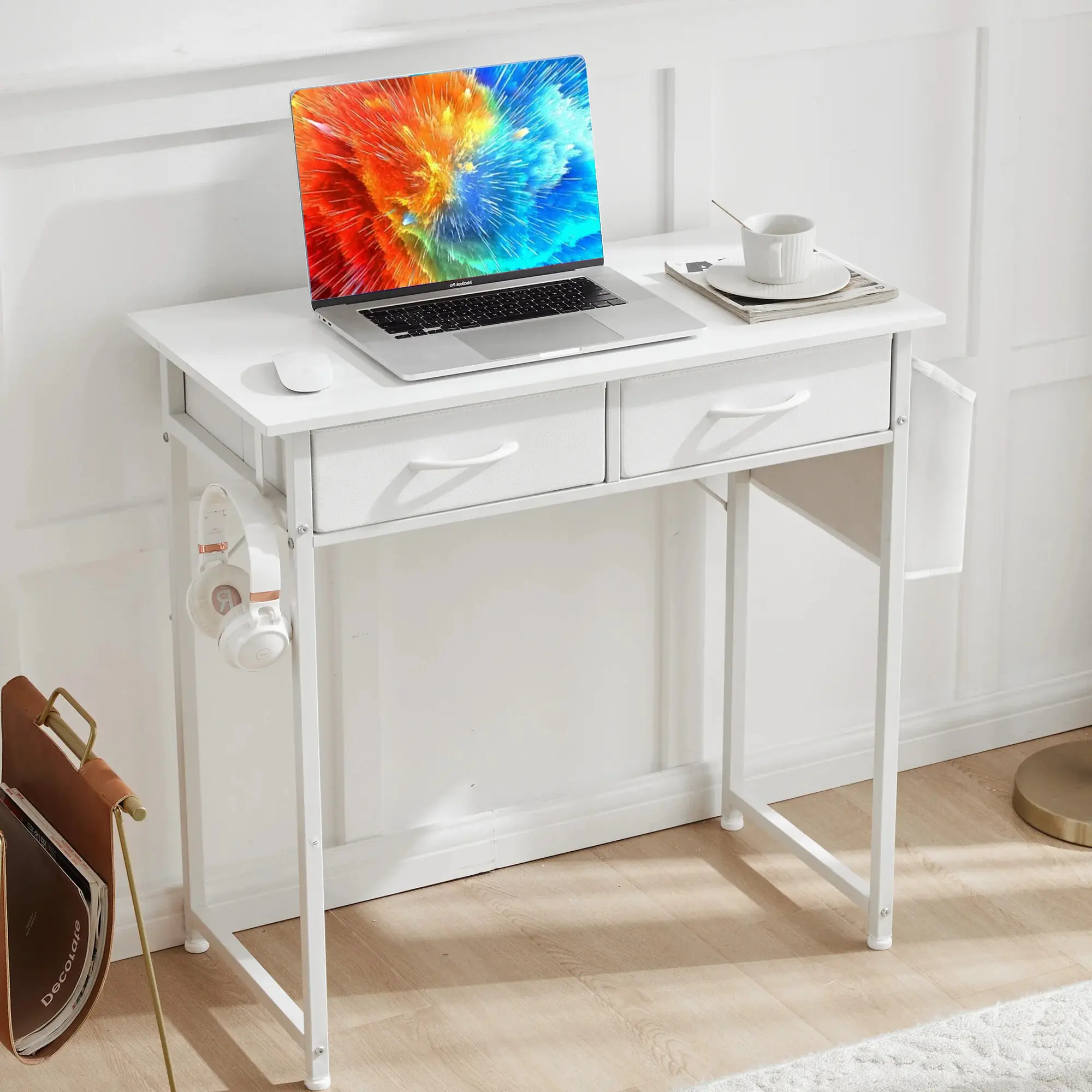 32~48 inch Small Desk with Fabric Drawers & Storage Bag Iron Hook,Computer Desk,White Vanity Desk with Storage for Bedroom, White/Black/Rust Brown