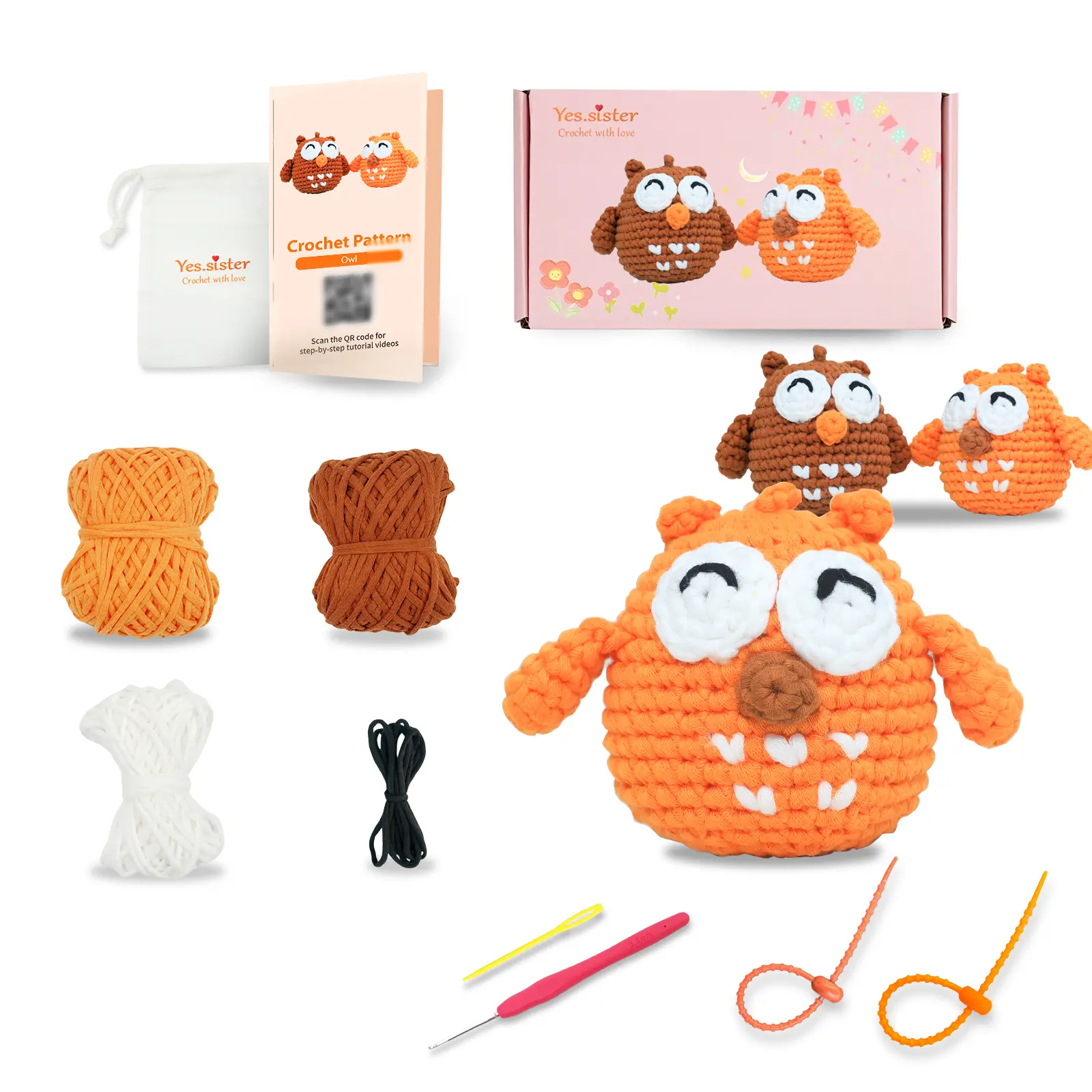 Yes.sister DIY Crochet Kit Set of 2 Adorable Owls Light Brown & Dark Brown Beginner-Friendly Amigurumi Craft for Teens & Adults Plushies Yarn Handmade