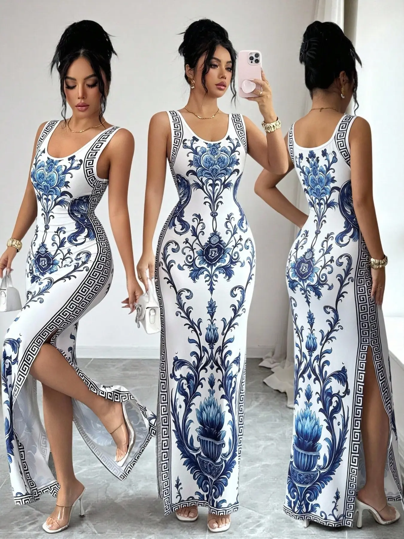 Elegant Printed Chinese Style Belted Split Hem Luxurious Chic Vintage Middle Eastern Uae Robe Gowns, New Arrival Maxi Print Dress Clothes