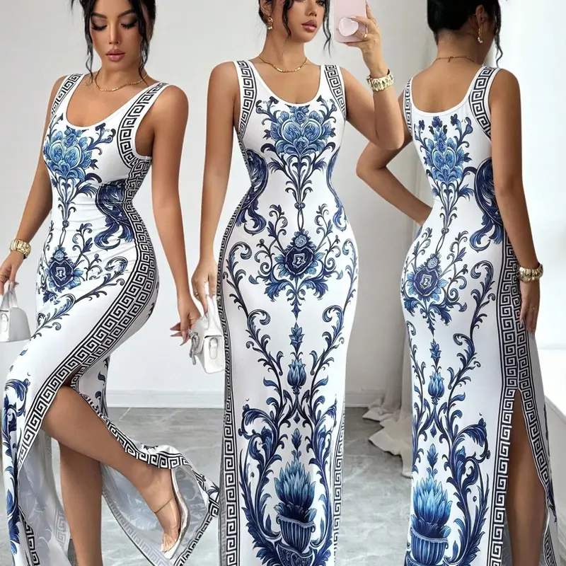 【Black Friday】Elegant Printed Vintage Split-Hem Luxurious Chic Maxi Dress, New Arrival Printed Dress