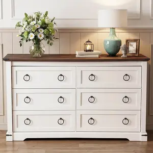 Farmhouse Wooden 6 Drawers Dresser for Bedroom, Vintage Wide Chest of Drawers for Living Room, Wood Storage Dressers Organizer Farmhouse Wooden 6 Drawers Dresser for Bedroom, Vintage Wide Chest of Drawers for Living Room, Wood Storage Dressers Organizer