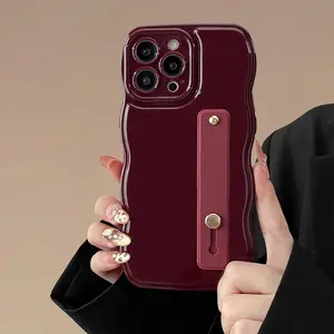 Phone Case for iPhone 16 Pro Max with flexible adjustable soft finger hand wrist strap holder kickstand, wave design wavy frame silicone aesthetic for iPhone 16 Pro Max phone case, wine red